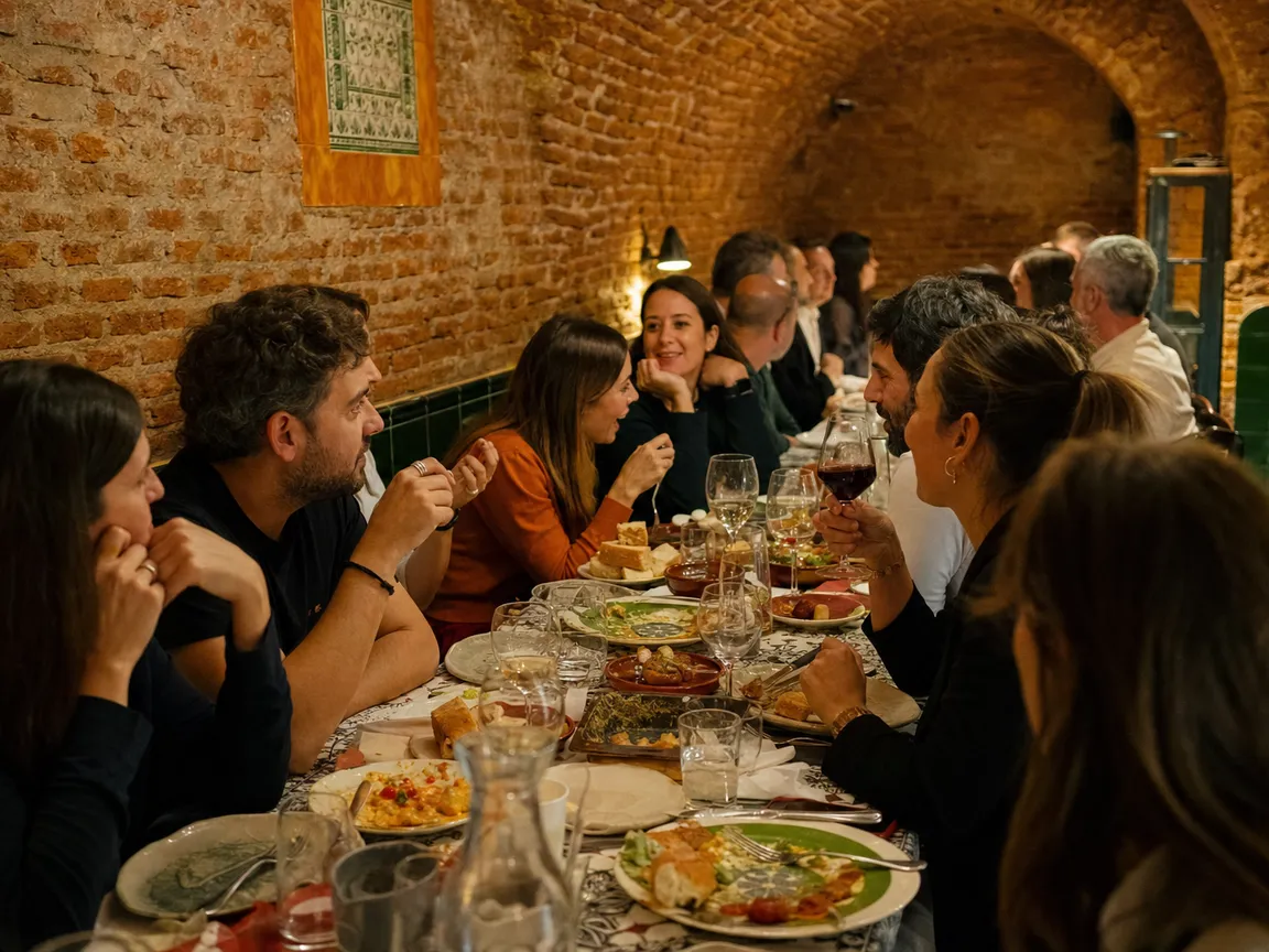 Una mesa larga de amigos celebrando con tapas en el salón de bóvedas