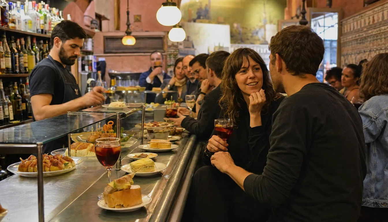 La barra de zinc llena de gente con vermú y tapas en La Corrala