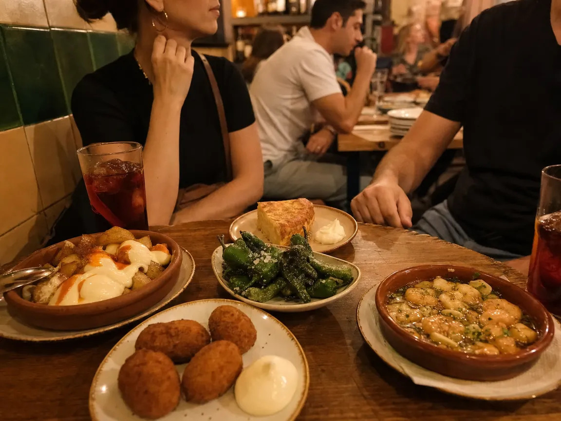 Bravas, croquetas, pimientos de Padrón y tortilla en la mesa