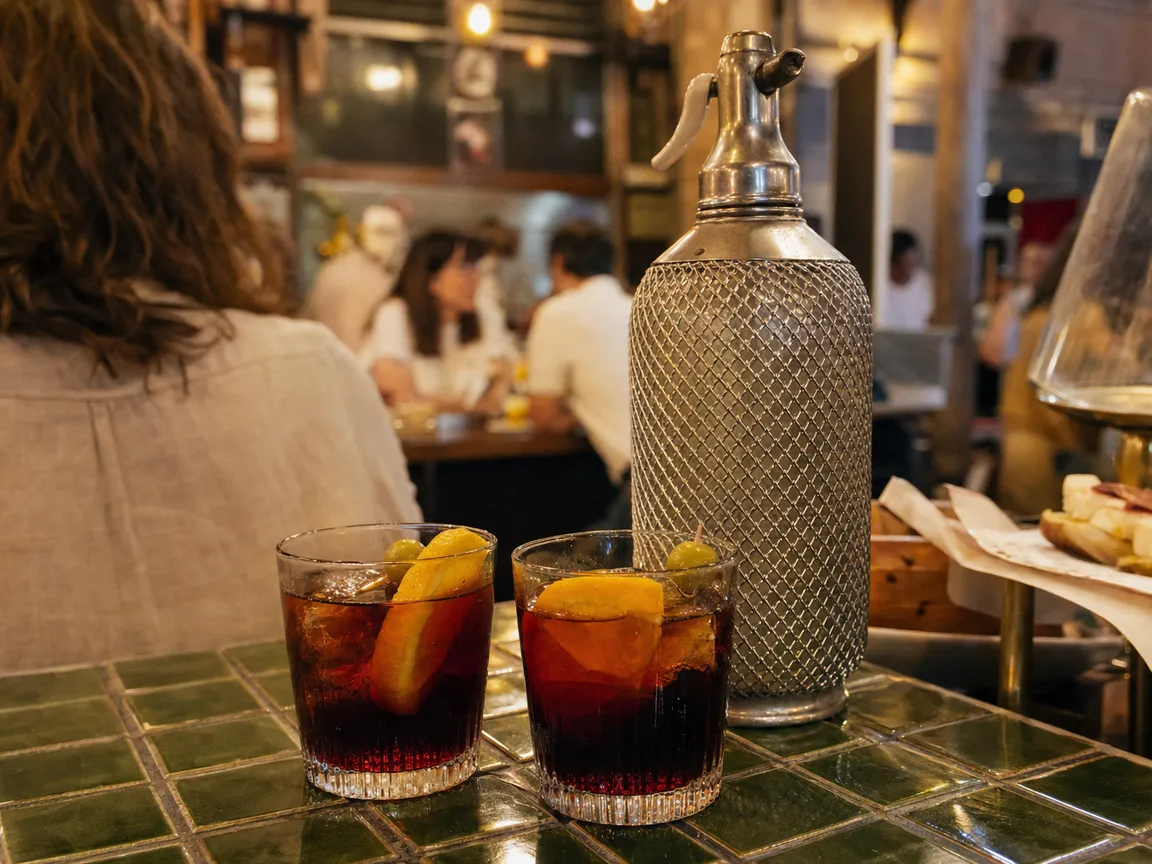 Dos vasos de vermú rojo con naranja junto a un sifón en la barra de azulejos